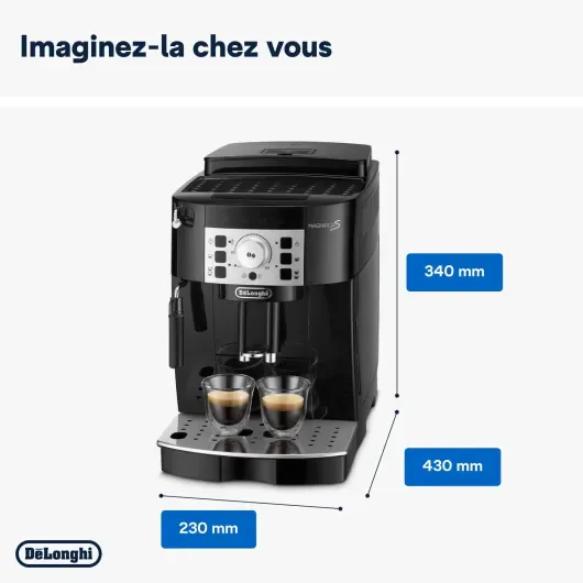 Visuel autorisé de la De’Longhi ECAM22.110.B avec ses dimensions de 23 × 43 × 34 cm