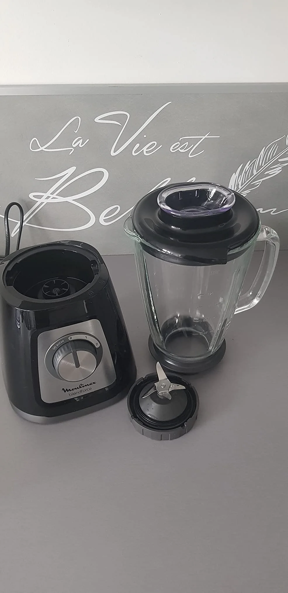 Base, bol, couvercle et bloc de lames du Moulinex Blendforce LM430810 séparés
