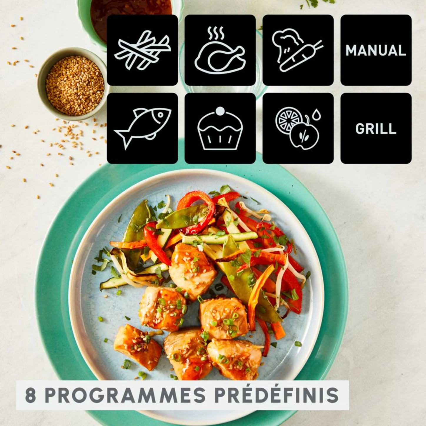 Visuel Moulinex présentant les huit modes frites, poulet, viande, poisson, dessert, légumes, manuel et grill