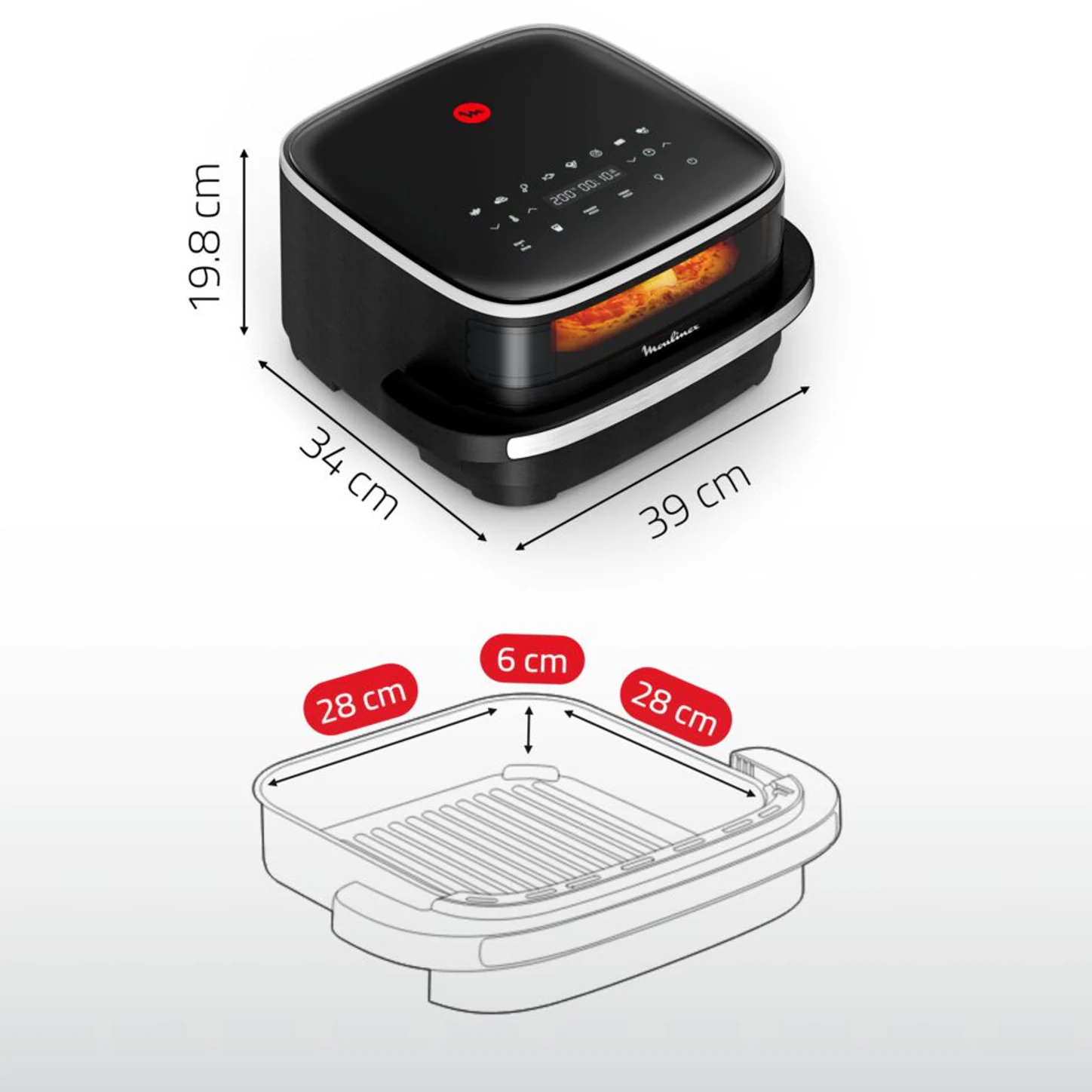 Moulinex Easy Fry Surface XL avec les dimensions de l’appareil et de son panier