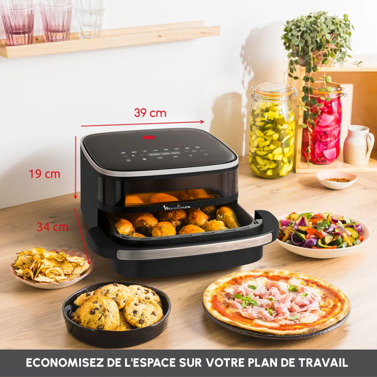 Moulinex Easy Fry Surface XL avec ses dimensions extérieures et l’indication de la hauteur de panier