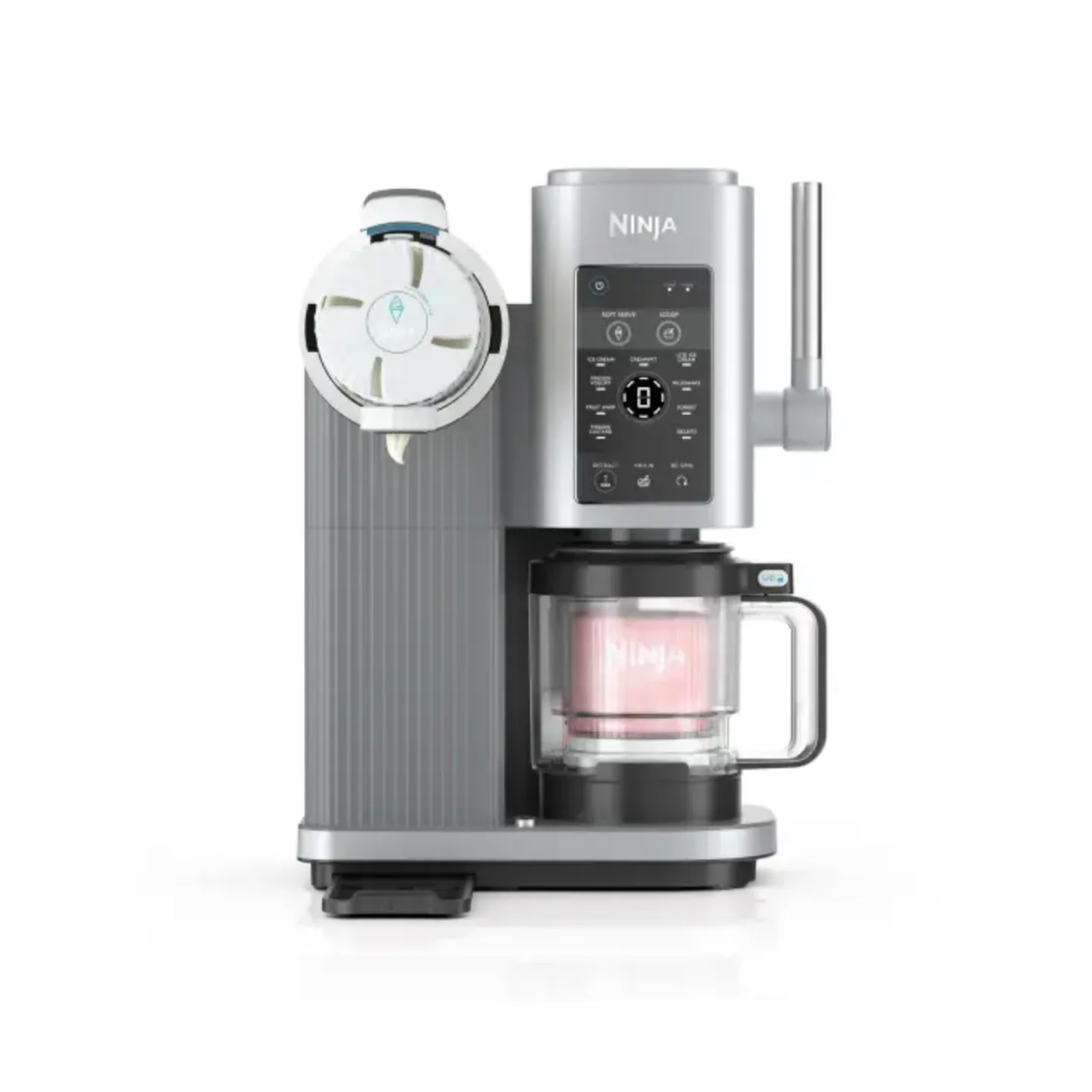 Ninja CREAMi Scoop & Swirl NC701EU Argent Platine vue de face avec son pot et son distributeur