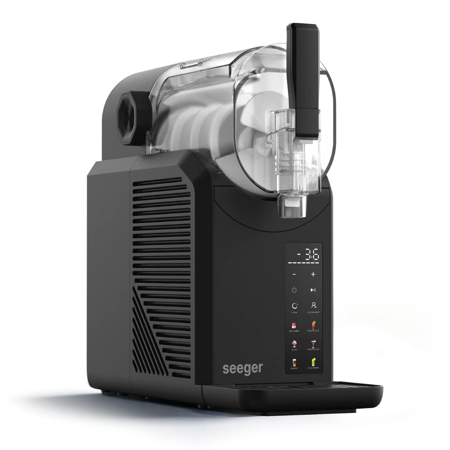 Seeger SuperSlush SLFR1BK noire vue de trois quarts avec sa cuve et son robinet
